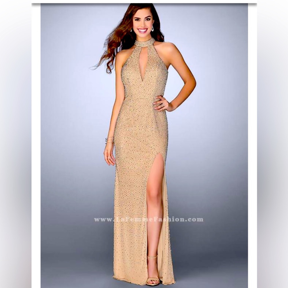 NWT La Femme Champagne Beaded Key Neck Mock Neck Evening Gown / Formal Dress